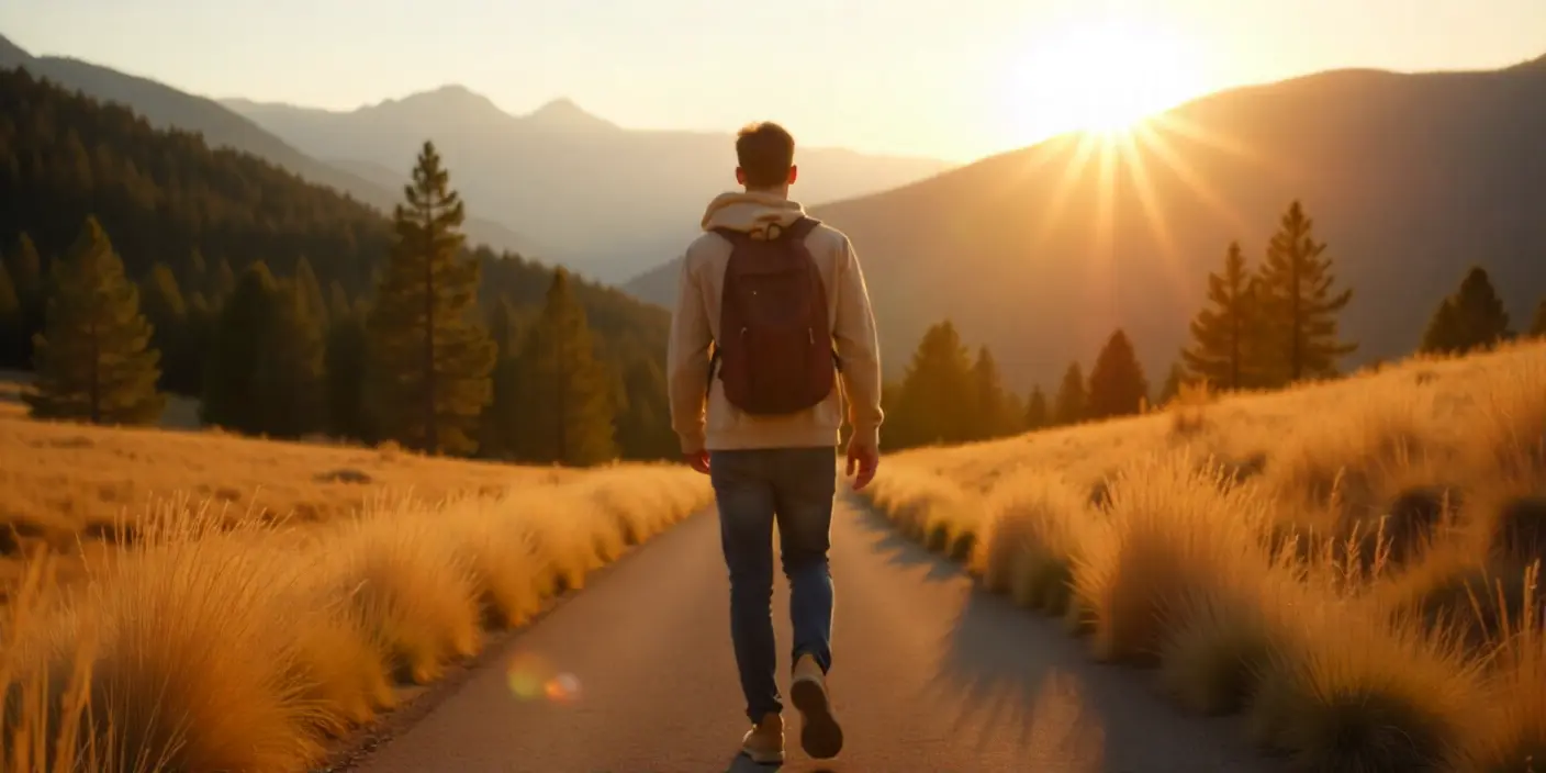 Hiker walking toward sunrise